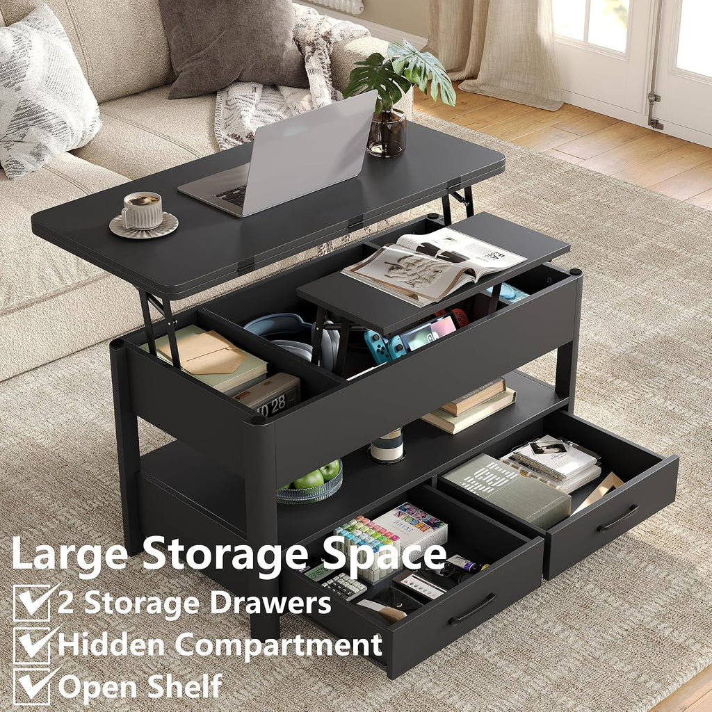 Mesa de centro elevable Furnihold con cajones y compartimento secreto, mesa de salón convertible en mesa de comedor, negro