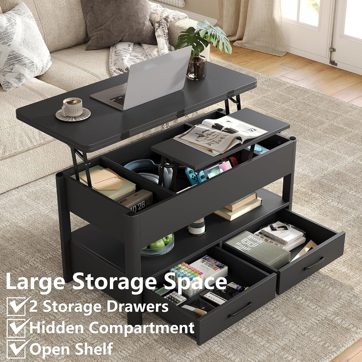 Mesa de centro elevable Furnihold con cajones y compartimento secreto, mesa de salón convertible en mesa de comedor, negro
