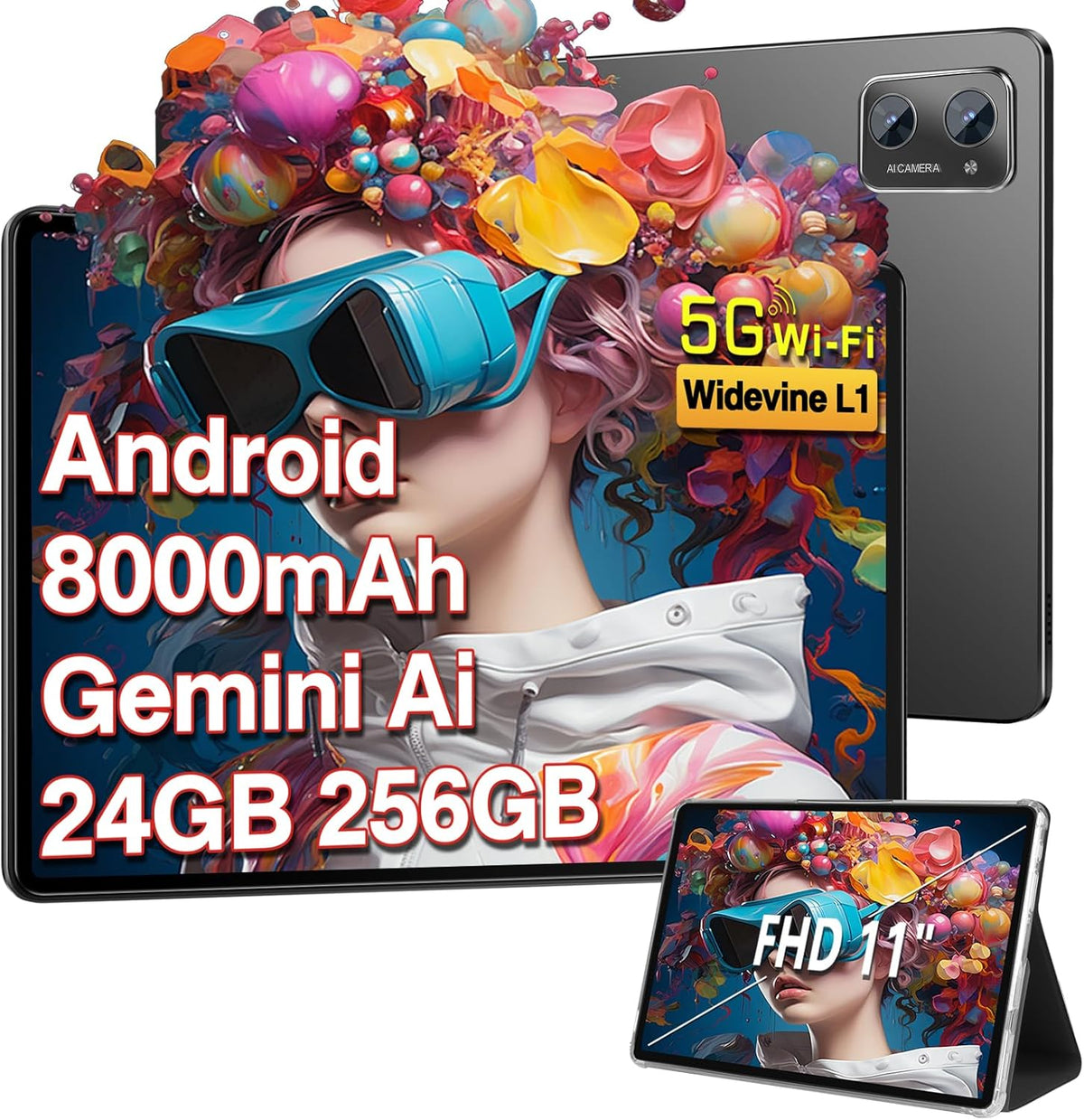 Tableta de 11 pulgadas 2025, nueva tableta Android, 24 GB de RAM, 256 GB de ROM (1 TB ampliable), Octa-Core, WiFi 5G+2.4G, Widevine L1, 13 MP+5 MP, Bluetooth 5.0, tableta táctil de 8000 mAh con funda - Negro