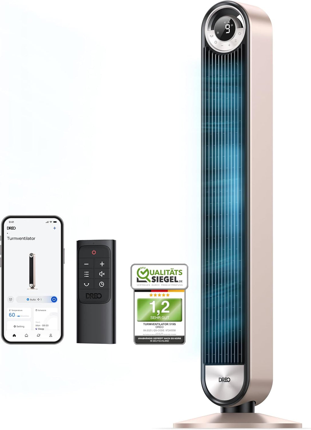 DREO 25dB Ventilador de torre inteligente y silencioso con refrigeración, ventilador de torre WiFi de 106cm compatible con Alexa, oscilación de 90°, control remoto, 9 velocidades, 4 modos, temporizador de 12 horas, control por voz, luz estelar