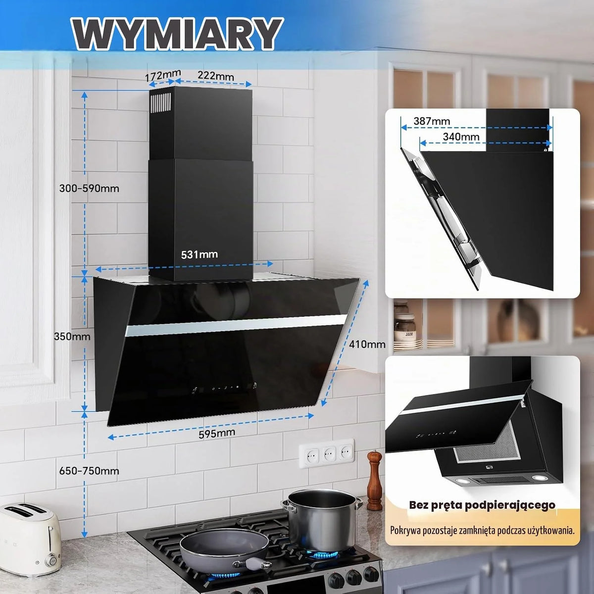 TopStrong Okap kuchenny 60 cm, 800 m³/h, obieg powietrza wylotowego z filtrem z węglem aktywnym, A+++, cichy okap z oświetleniem LED, okapy ścienne, 3 stopnie + ekran dotykowy Booster, silnik