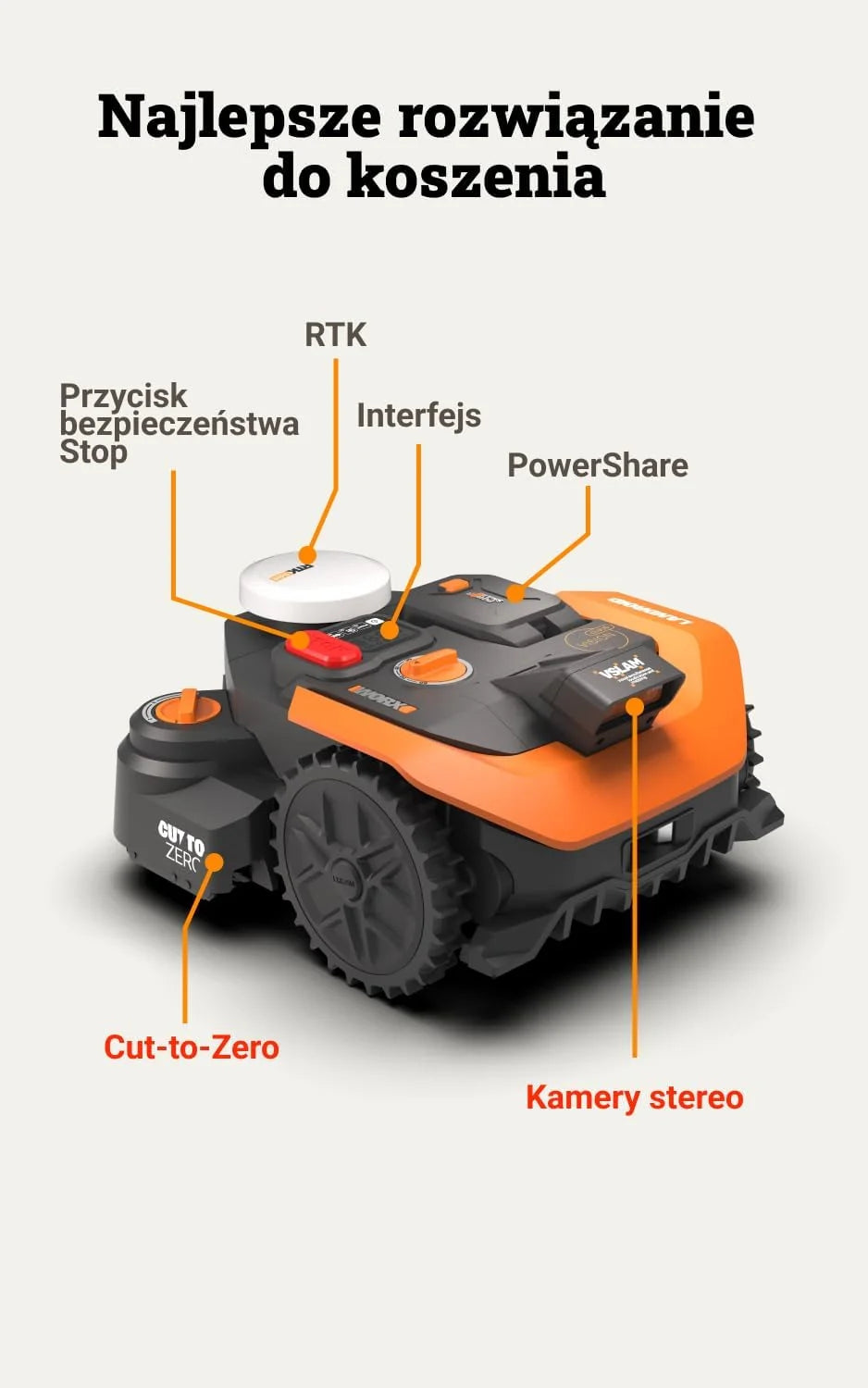 WORX Landroid Vision Cloud WR308E 2WD robot koszący bez kabla ograniczającego do 800 m² (wykrywanie przeszkód AI, nawigacja VSLAM+RTK Cloud, automatyczne mapowanie, aplikacja, Cut-to-zero)