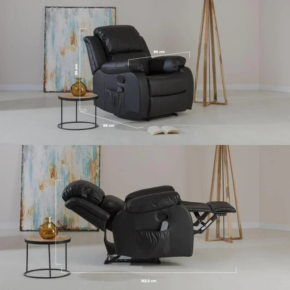 Don Descanso - Sillón Relax Masaje Calor Trevi Negro Reclinable 160º con 8 Motores Silenciosos, Calor Lumbar, Sistema de Masaje de 4 Zonas y Acabado en PU Anti-Cuarteo [Incluye Mando]. Ideal para Personas Mayores