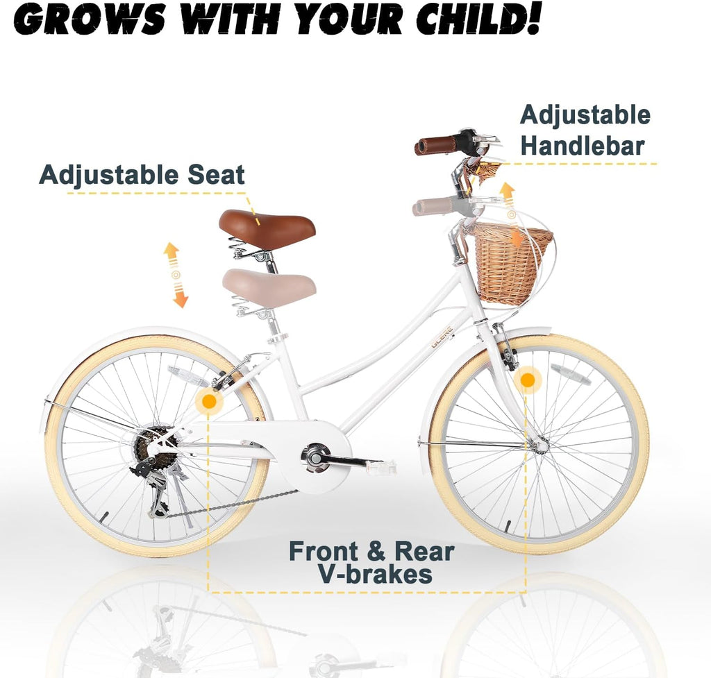 Glerc Missy 20, 24, 26 pulgadas bicicleta híbrida urbana tipo crucero para niñas, de 6 velocidades, con cesta de mimbre, para jóvenes mayores de 6 años, varios colores