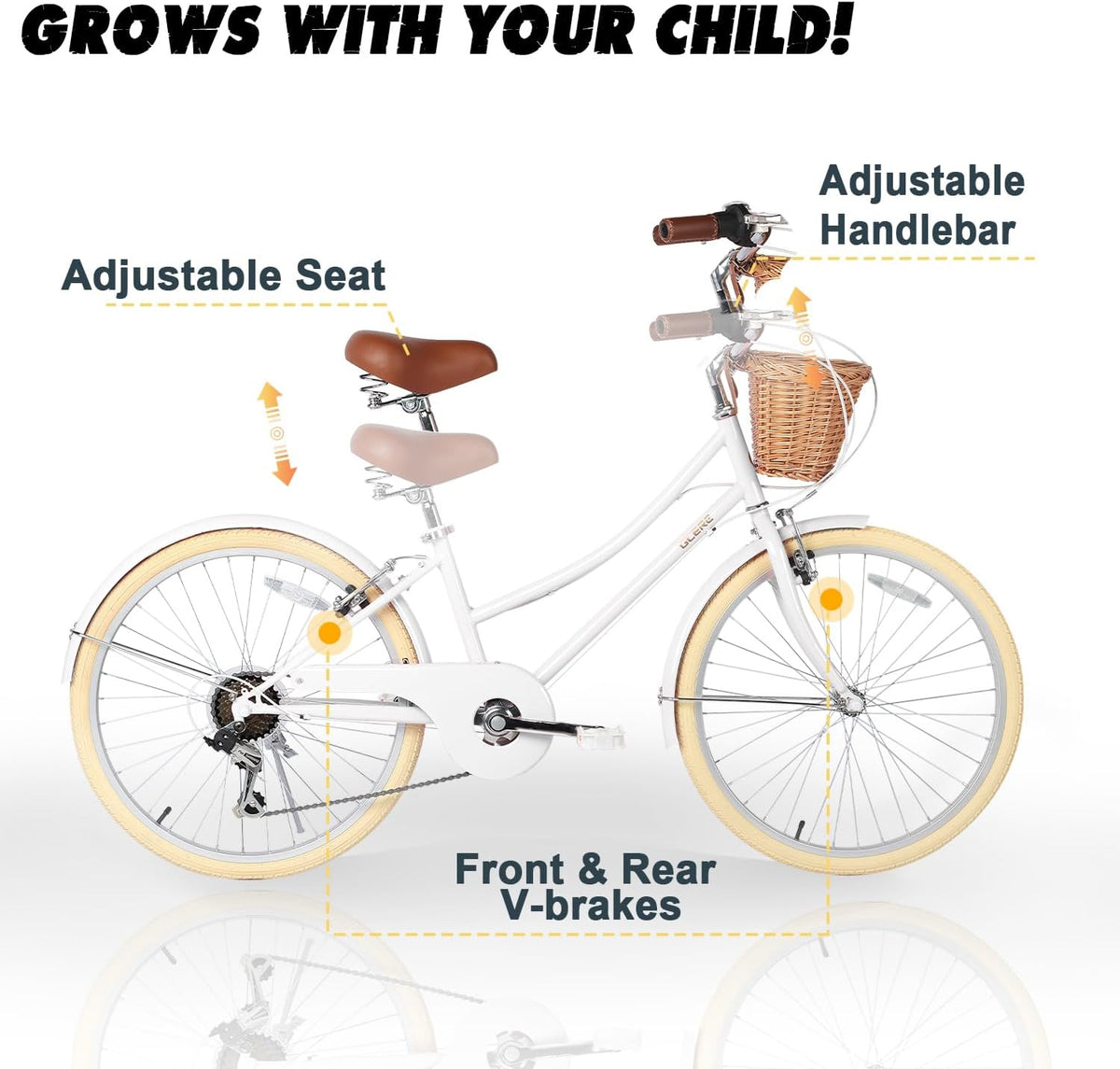 Glerc Missy 20, 24, 26 pulgadas bicicleta híbrida urbana tipo crucero para niñas, de 6 velocidades, con cesta de mimbre, para jóvenes mayores de 6 años, varios colores