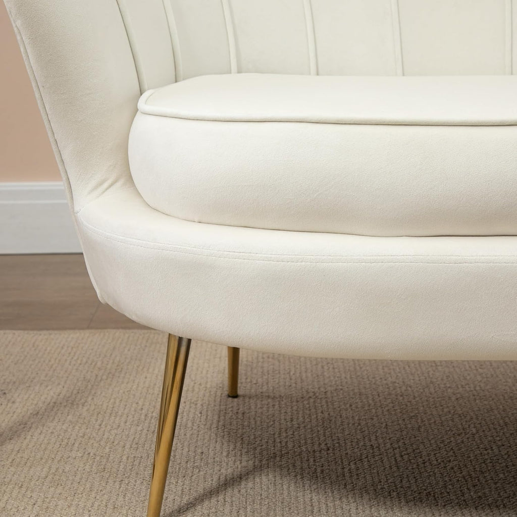 Sofá de 2 plazas HOMCOM con reposabrazos, respaldo en forma de pétalo, acolchado grueso, sofá tapizado moderno con aspecto de terciopelo y patas de metal para salón, 130 x 77 x 77 cm, blanco crema