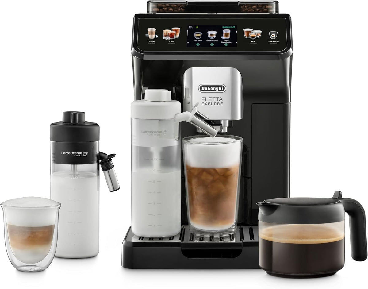 De’Longhi Eletta Explore - Cafetera superautomática Perfetto con espumador de leche LatteCrema, 40 bebidas con solo pulsar un botón, pantalla táctil a color, gris oscuro (ECAM452.57.G)
