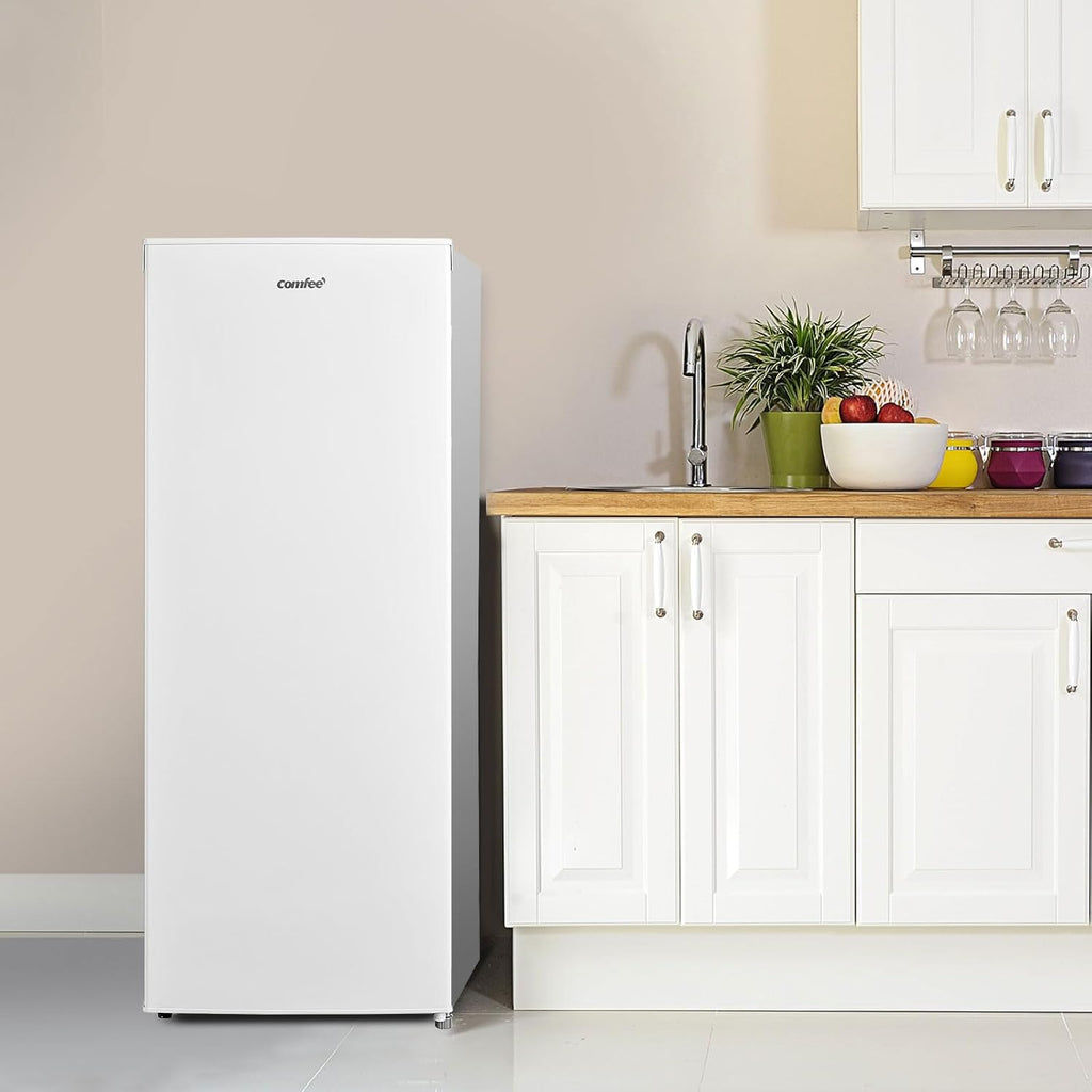 Congelador Vertical COMFEE' RCU160WH2(E) 160L - Altura 142cm - 183kWh/año - Puerta Reversible - Silencioso 42dB - Termostato Ajustable - Patas Regulables - Blanco