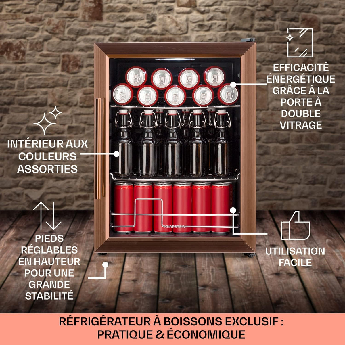 Mininevera KLARSTEIN de 60 L para bebidas y cerveza, frigorífico pequeño y silencioso, minibar interior/exterior, nevera pequeña para camping, almacenamiento de vinos, cosméticos, estantes ajustables, 3-10 °C