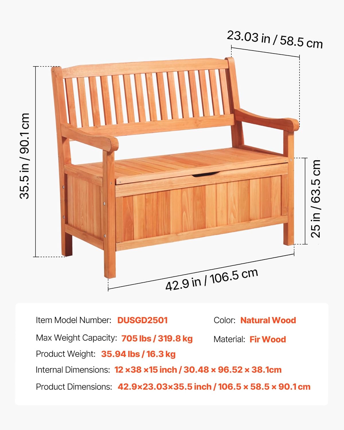 VEVOR Banco de jardín, banco con arcón de almacenamiento, banco de almacenaje, capacidad de carga de hasta 328 kg, asiento de jardín y decoración para porche, para terraza, jardín, balcón, 106,5x58,5x90,1 cm