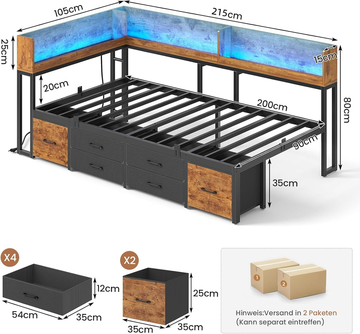 Cama de 90x200 con almacenamiento, sofá cama con estantería integrada y 6 cajones, cama juvenil con iluminación LED y estación de carga, cama de invitados, diván, estructura de cama con somier (Marrón vintage, 90x200 cm)