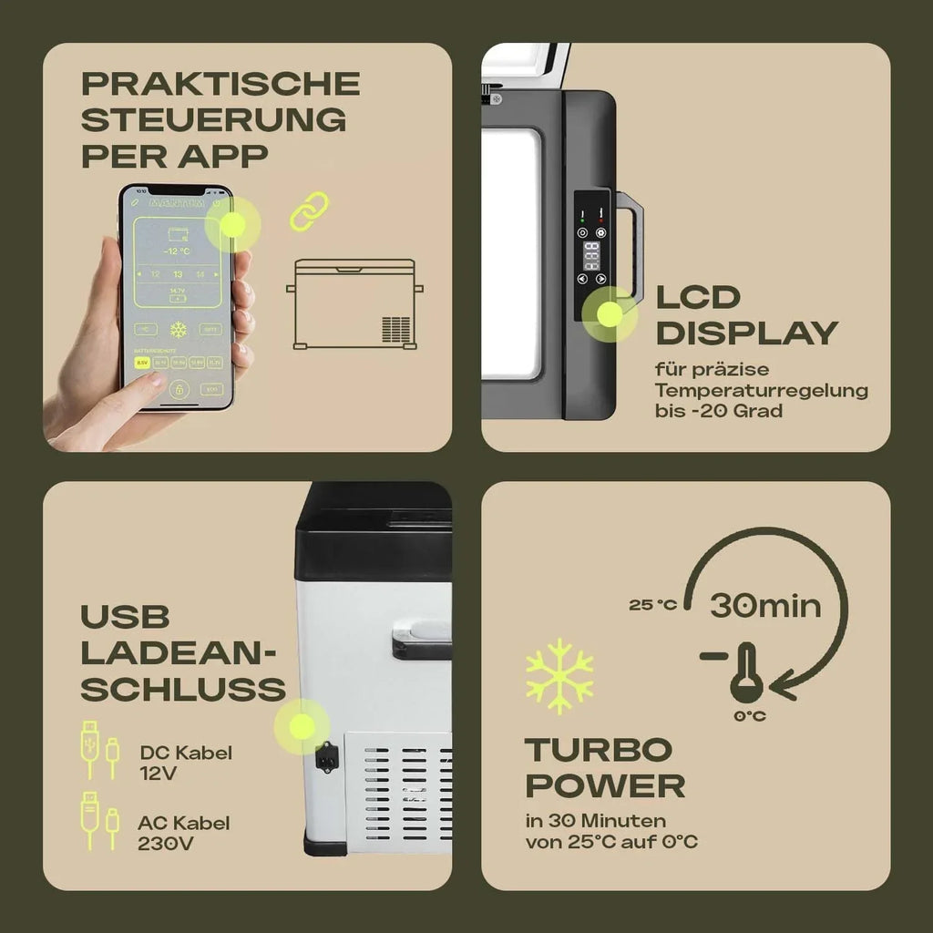 Nevera de compresor con función de congelación 50L 12V 230V hasta -20°C con control por App para coche, camping y viajes