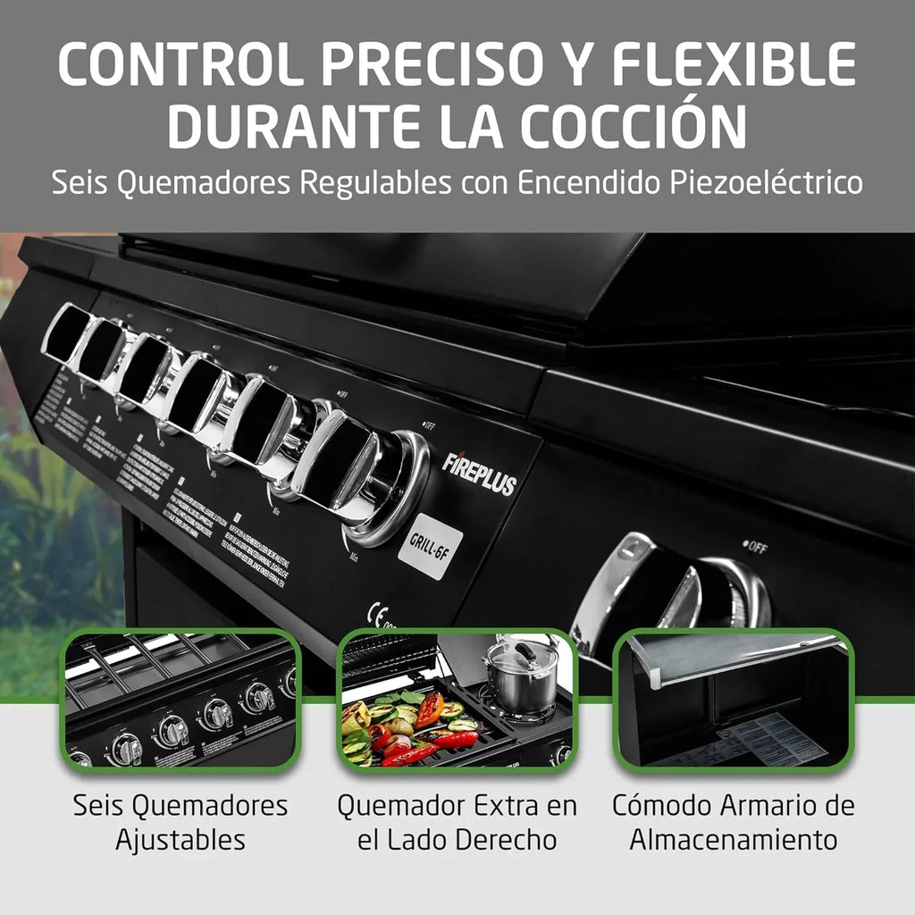 Barbacoa de gas Fireplus 6+1 de 12,9 kW - Acero inoxidable negro - Parrilla con ruedas Modelo GRILL-6F - Barbacoa XXL con carro y termómetro - 138x52x103 cm - 7 quemadores y bandeja lateral