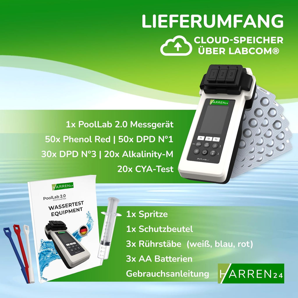 Poollab 2.0 Edición Especial, comprobador electrónico de piscinas (fotómetro), medidor de agua de piscina, 170 tabletas de prueba para cloro, valor de pH, rojo fenol, accesorios para piscinas (con DPD1, DPD3, pH, CYA, AlkalM)