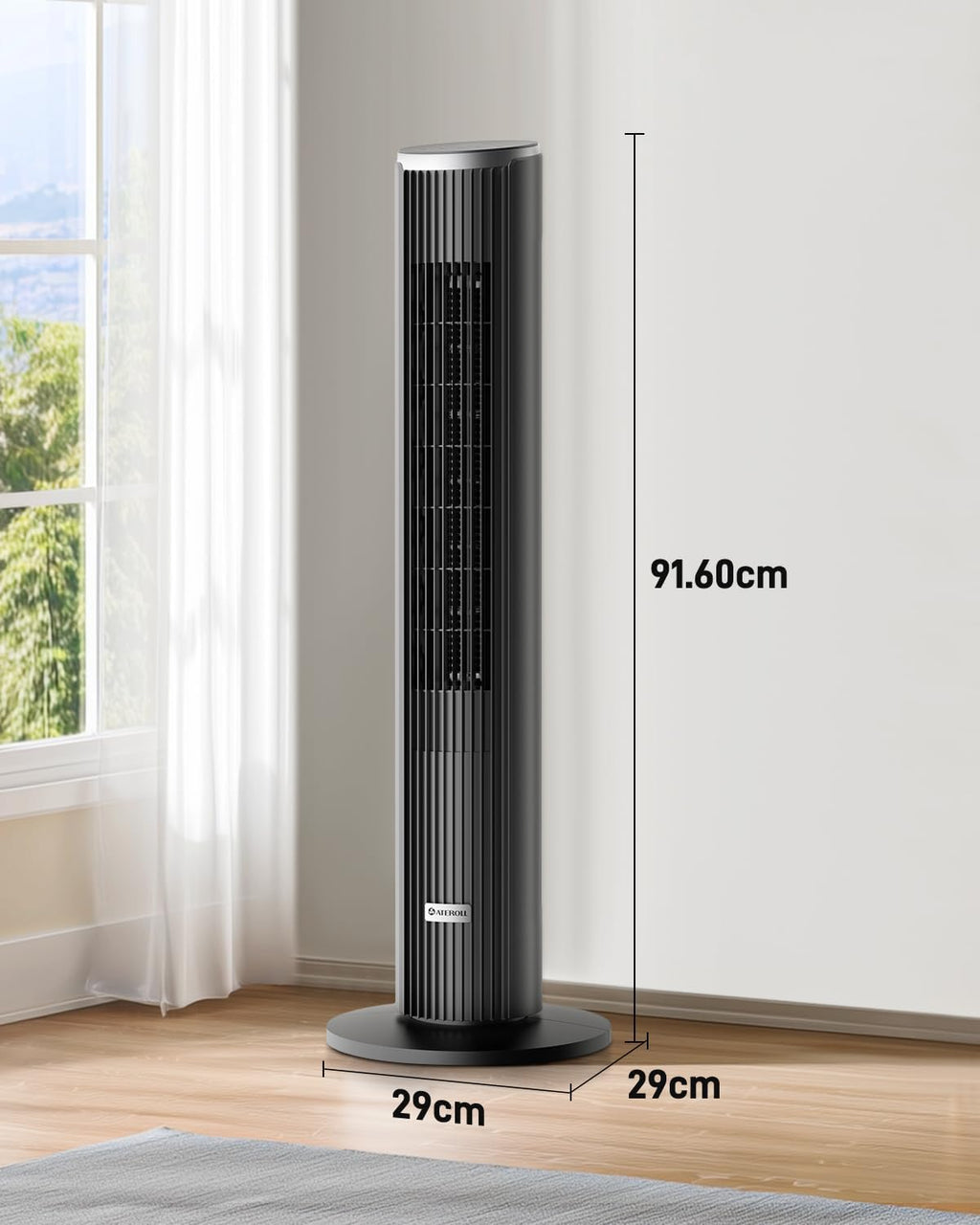 Ventilador de torre silencioso Ateroll para dormitorio, ventilador de pie con control remoto, oscilación de 90°, 4 velocidades, 3 modos, temporizador de 12 h, pantalla LED, ventilador eléctrico de refrigeración de 91 cm, negro