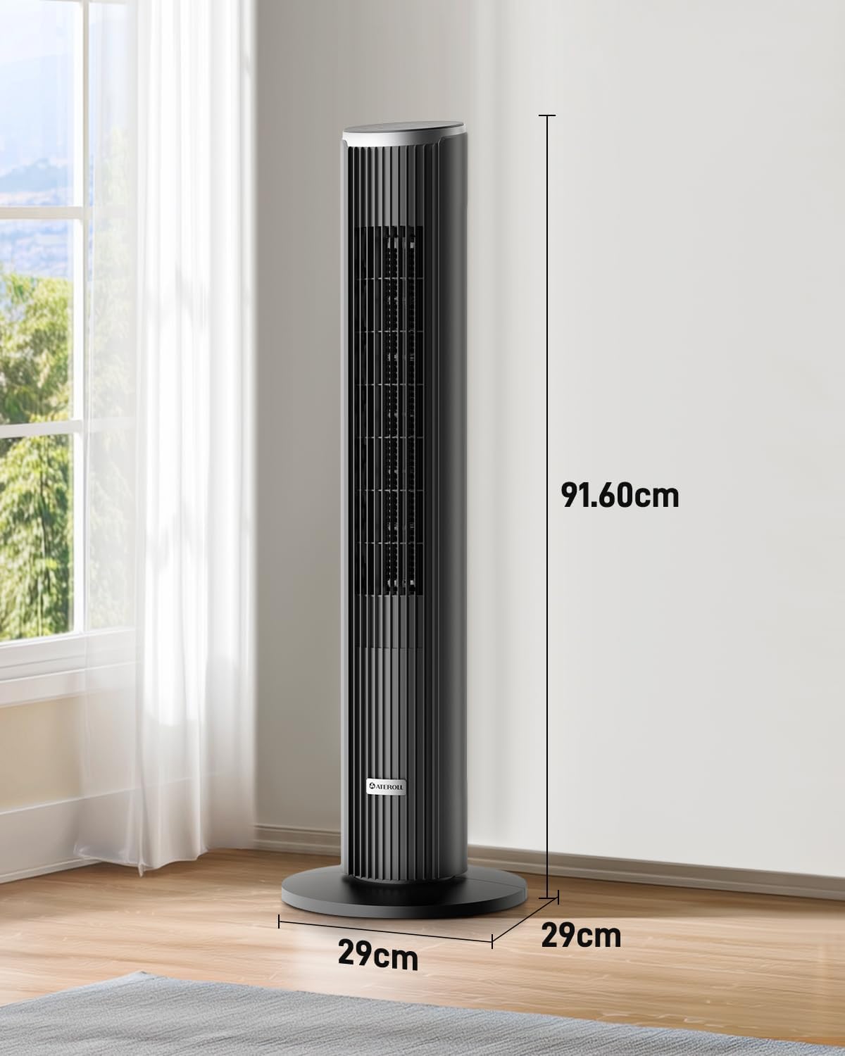 Ventilador de torre silencioso Ateroll para dormitorio, ventilador de pie con control remoto, oscilación de 90°, 4 velocidades, 3 modos, temporizador de 12 h, pantalla LED, ventilador eléctrico de refrigeración de 91 cm, negro