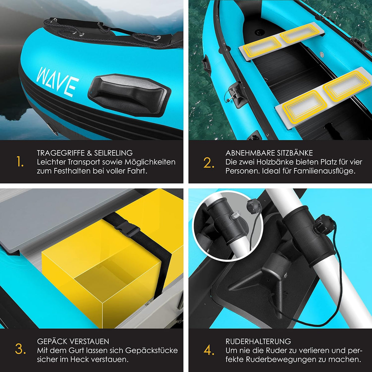 KESSER® Bote neumático Wave 230-320 cm Set de 6 piezas inflable – Bote + banco, bomba de aire, remos, kit de reparación, bolsa, bote de pesca, bote de remos pequeño y grande - compatible con motor, apto para agua salada