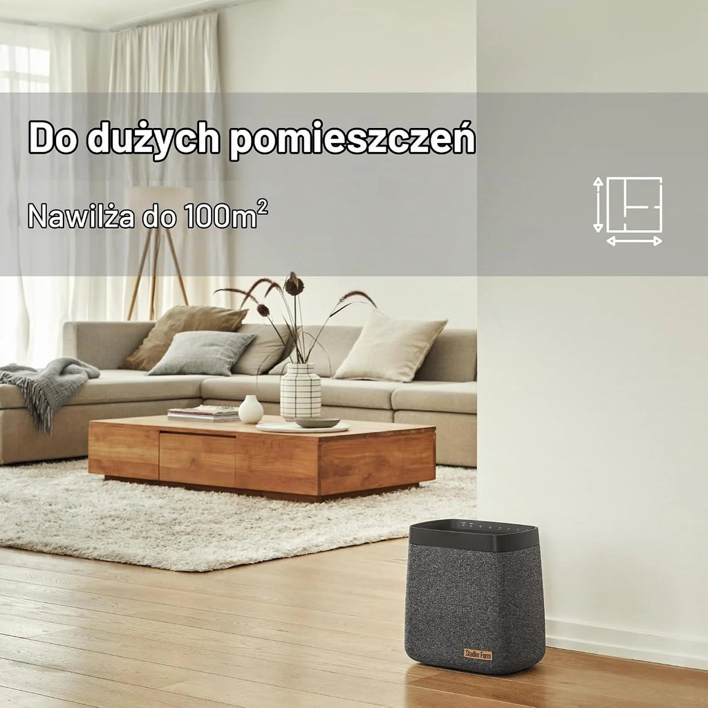 Nawilżacz powietrza Stadler Form Karl, wydajny nawilżacz parowy do pomieszczeń o powierzchni do 100 m², cichy, sterowany przez aplikację WiFi, obudowa tekstylna, 4 poziomy nawilżania, czarny