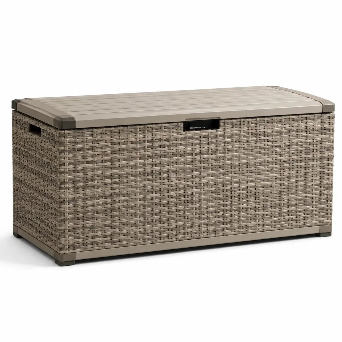 Baúl de jardín de plástico con aspecto de ratán, beige, 120x60x55 cm