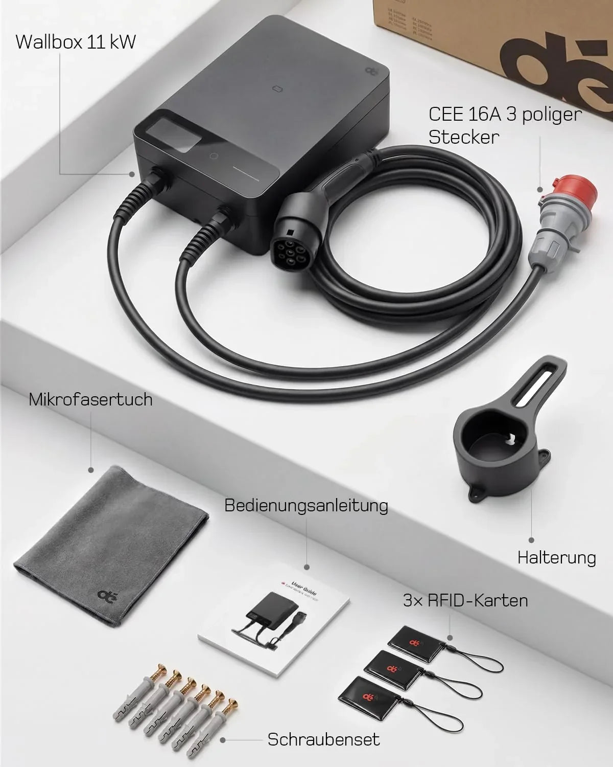 Wallbox 11kW, App, Tipo 2 7,5m, trifásica 400V, negro, soporte de cable, RCD Tipo A 30mA AC/6mA DC, IP54, §14a EnWG
