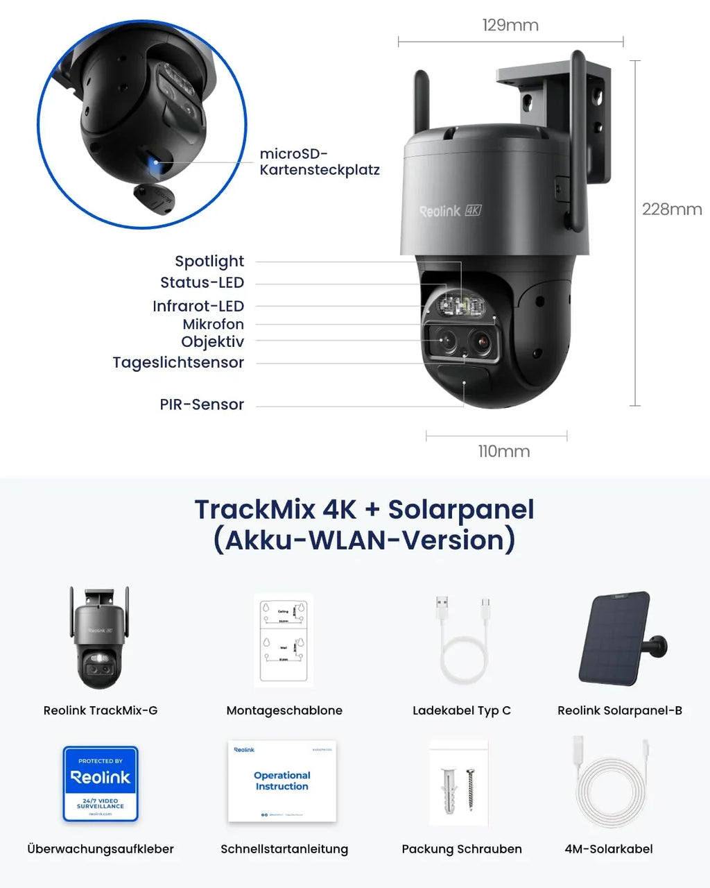 Cámara de seguridad Reolink 4K PTZ para exteriores, batería, seguimiento automático, lente dual, WiFi 6, visión nocturna a color de 30 m, IA, TrackMix, solar
