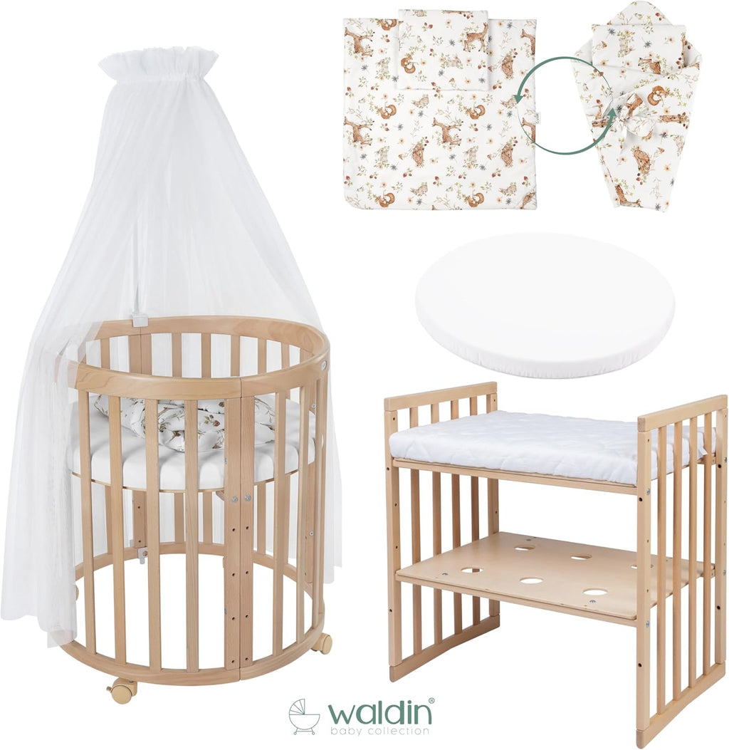 Cuna ovalada evolutiva Waldin, set completo 7 en 1, cuna de barrotes, cama infantil con colchón, cambiador, cuna colecho, madera blanca
