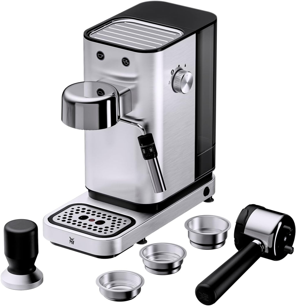 Cafetera espresso de brazo WMF Lumero 1400 vatios, máquina de café espresso, 3 filtros, para 1-2 tazas de espresso, también para monodosis, 15 bares, superficie calientatazas, boquilla para espuma de leche, acero inoxidable mate