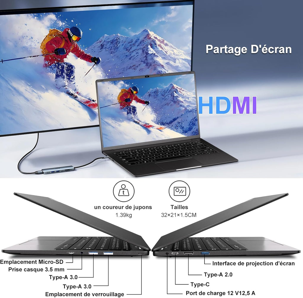 Portátil de 14 pulgadas Celeron N5095 Win11 Pro 8 GB RAM 256 GB SSD con expansión de 1 TB, WiFi 5G, FHD 1920x1080, PC portátil con ratón inalámbrico, teclado QWERTY con membrana de teclado AZERTY - Negro metalizado