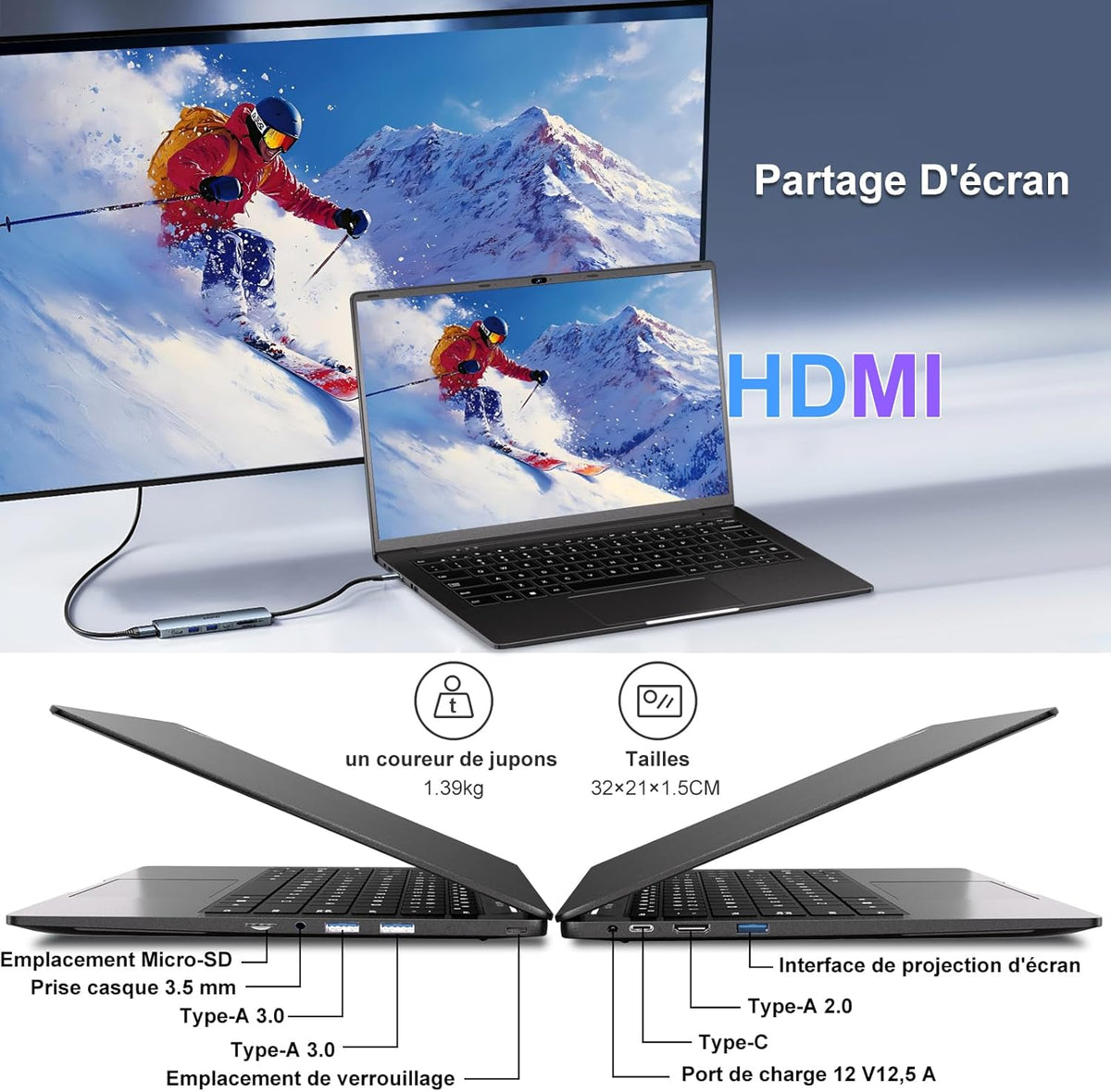 Portátil de 14 pulgadas Celeron N5095 Win11 Pro 8 GB RAM 256 GB SSD con expansión de 1 TB, WiFi 5G, FHD 1920x1080, PC portátil con ratón inalámbrico, teclado QWERTY con membrana de teclado AZERTY - Negro metalizado