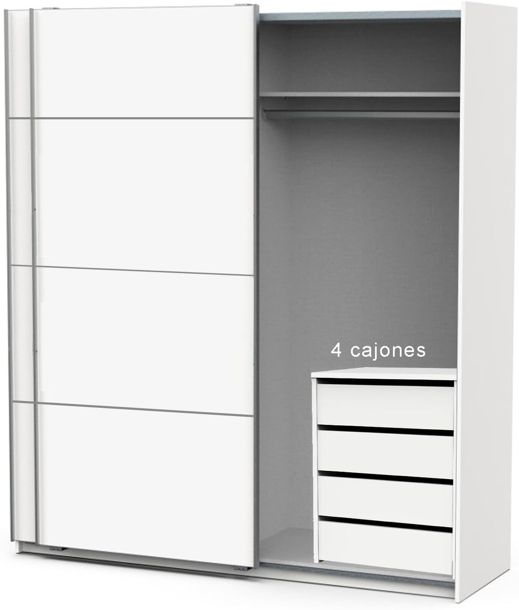 Armario de dormitorio con 4 cajones, ropero, 2 puertas correderas, color blanco