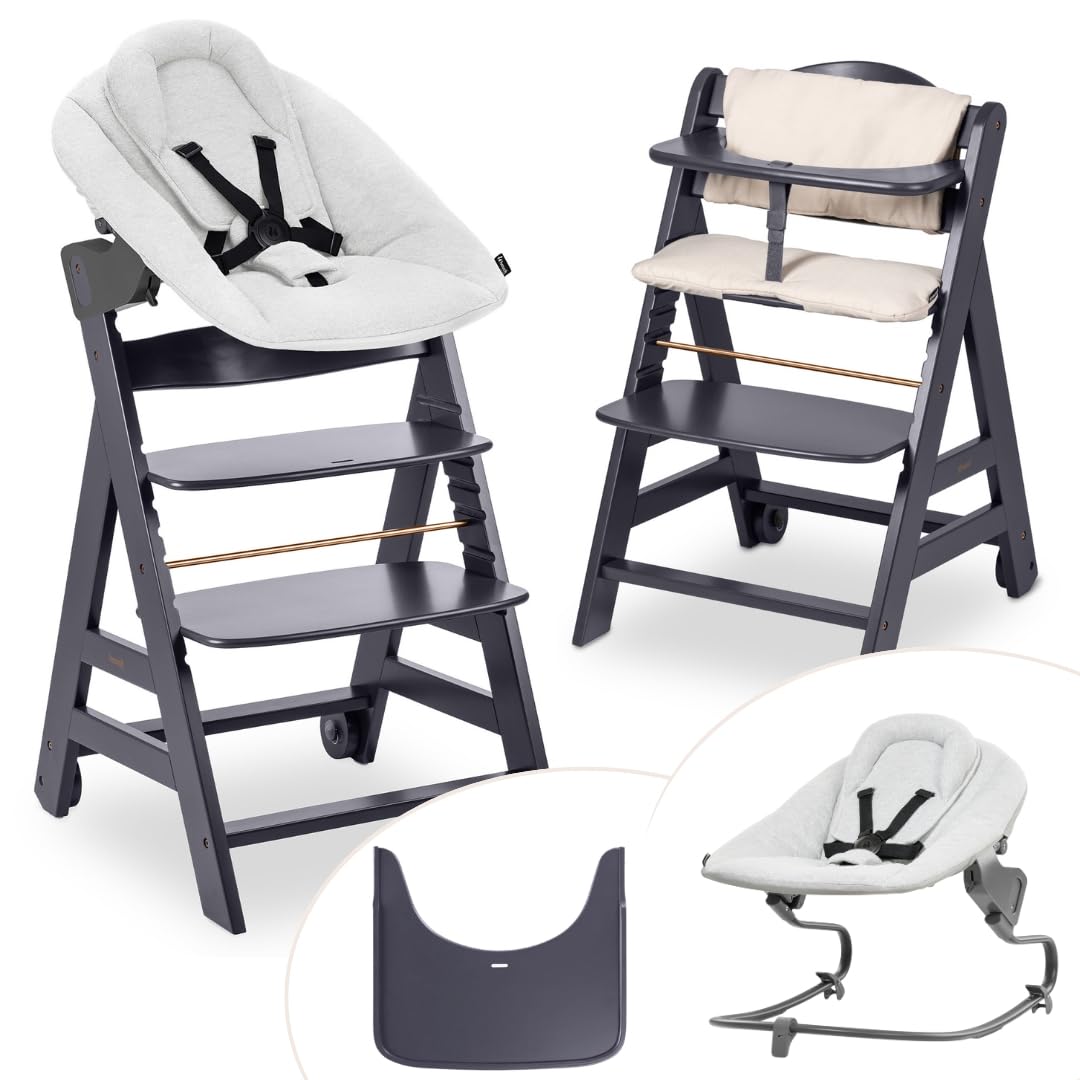 hauck Trona Beta+ Newborn Set Premium Dark Grey - Set de trona para bebé desde el nacimiento con accesorio para recién nacido Bouncer, cojín de asiento y bandeja - Gris oscuro