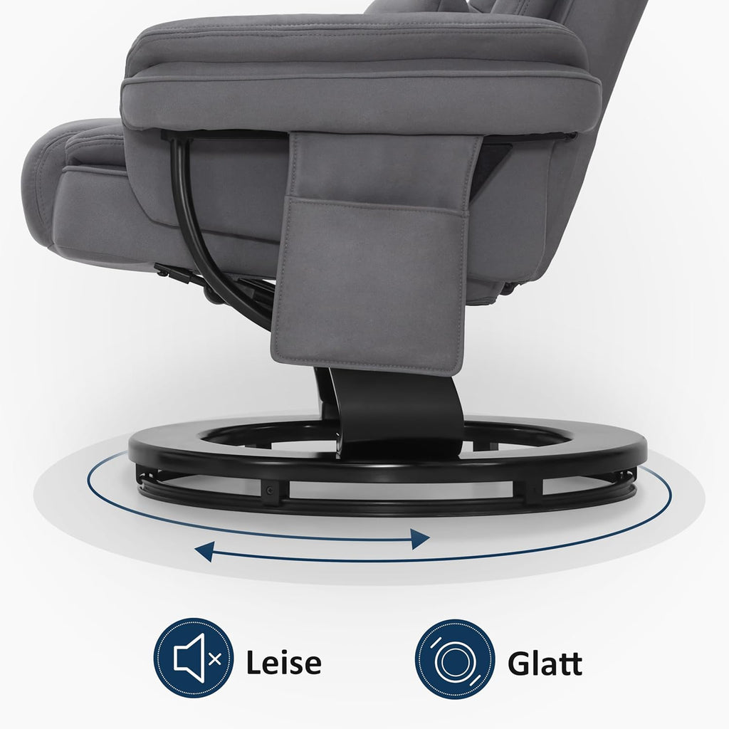 MCombo Sillón relax con función reclinable, sillón de lectura, sillón de TV giratorio 360°, con taburete, cojín y bolsillo lateral, sillón de TV para salón con capacidad de carga de hasta 120 kg, 9099 (microfibra, gris)