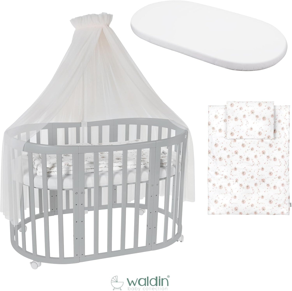 Cuna ovalada evolutiva Waldin, set completo 7 en 1, cuna de barrotes, cama infantil con colchón, cambiador, cuna colecho, madera blanca