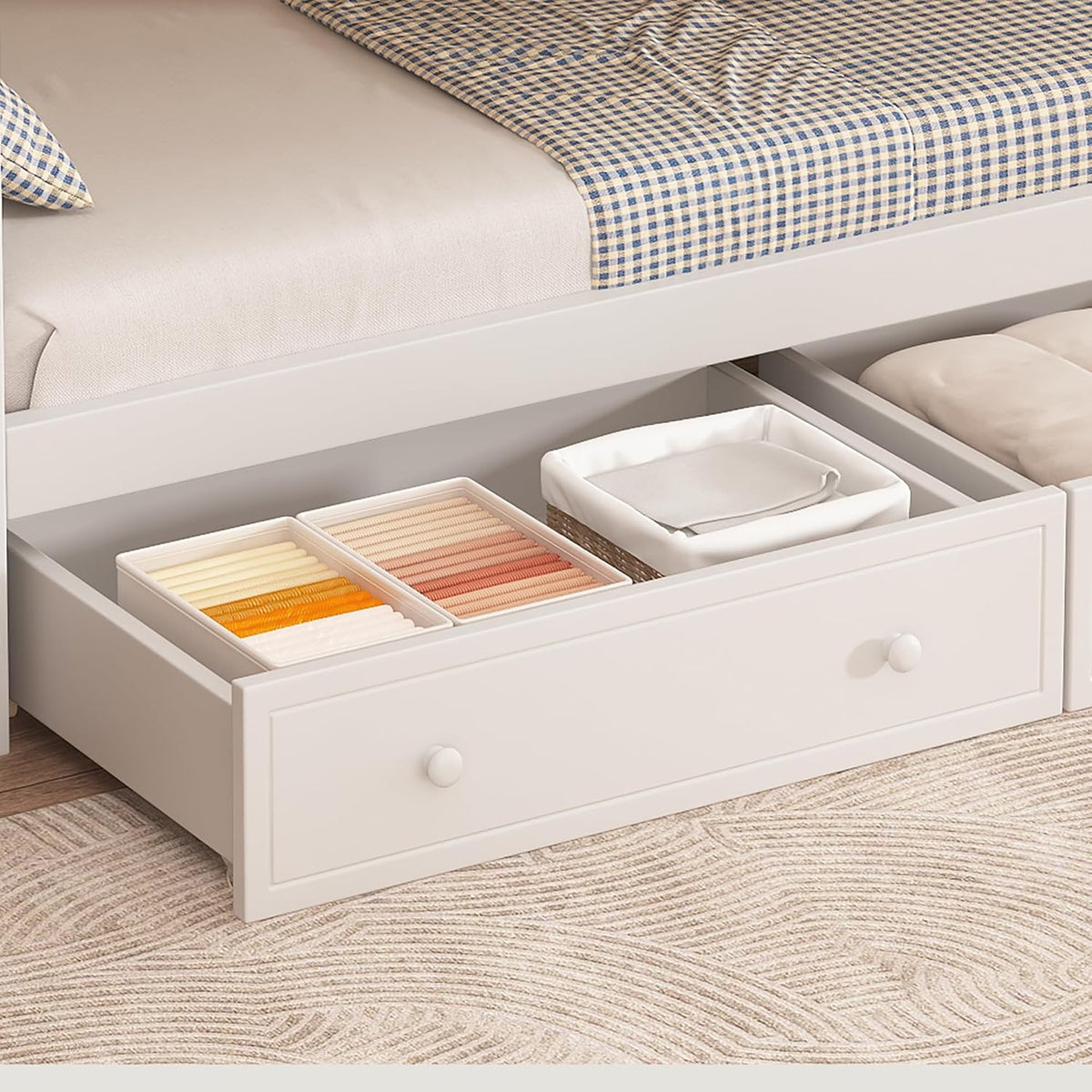 Cama alta Merax 90x200cm, litera infantil para 2 niños, cama casita con escalera, almacenaje y cajones, cama tipo casa del árbol con ventana y techo, protección anticaídas y somier, pino+MDF, sin colchón, blanca