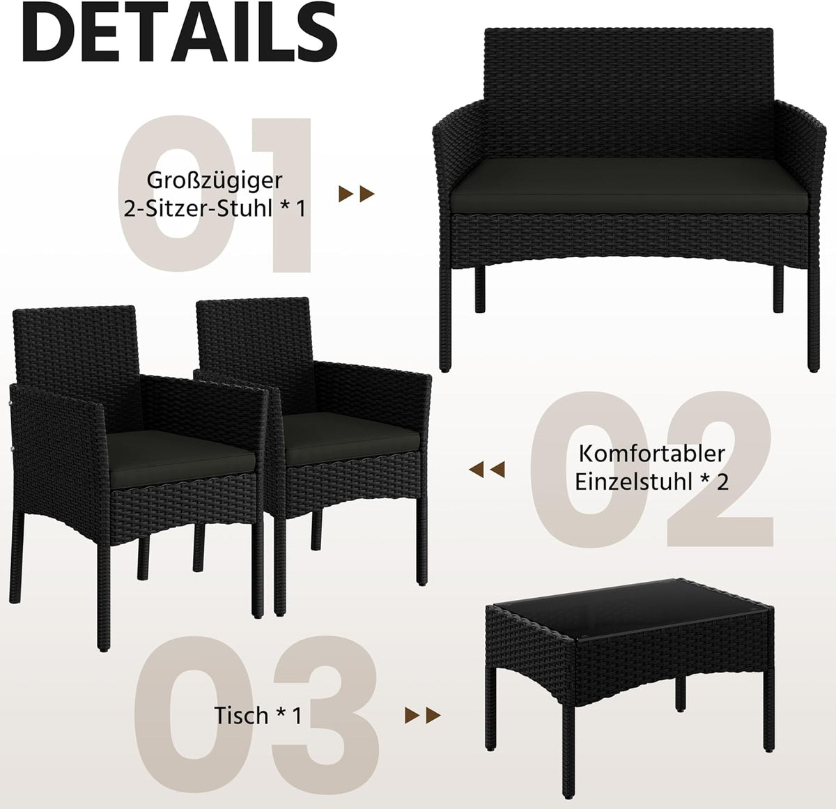 Yaheetech Set de muebles de jardín de 4 piezas, conjunto de muebles de balcón de poliratán para exterior con sofá de 2 plazas, 2 sillas, mesa y cojines para terraza/balcón/jardín, negro y gris