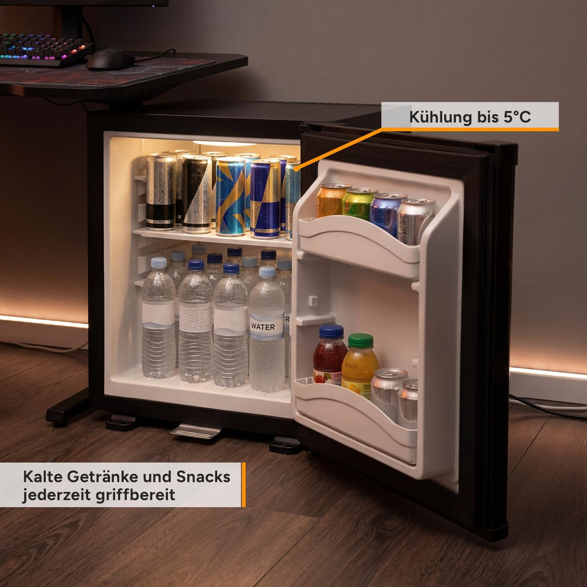 TZS First Austria - Mininevera de 30L completamente silenciosa - Pequeño minibar, puerta reversible e iluminación interior - Mininevera para camping, oficina, dormitorio y hotel - Negro mate