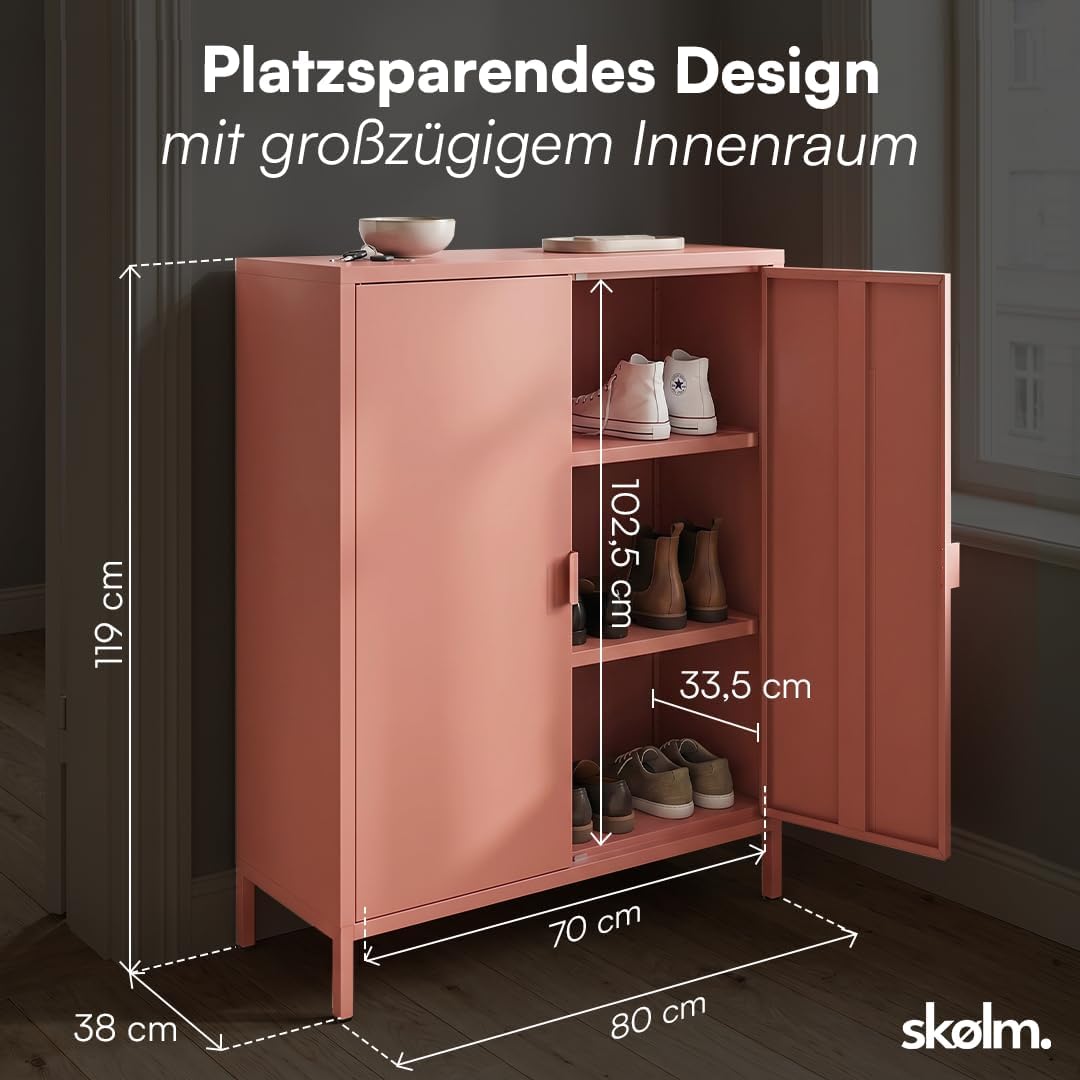 Cómoda de metal Ituri skølm – Armario de metal con 3 estantes ajustables – Aparador de salón color terracota – Armario de almacenamiento de acero – Mueble alto de diseño industrial – Armario de oficina/recibidor