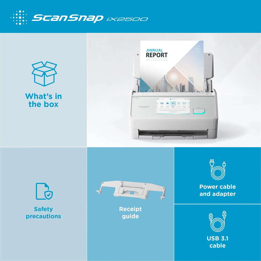 Escáner de documentos A4 iX2500 600 ppp WLAN Bluetooth USB dúplex 45 páginas/min ADF de 100 hojas pantalla táctil de 5 pulgadas