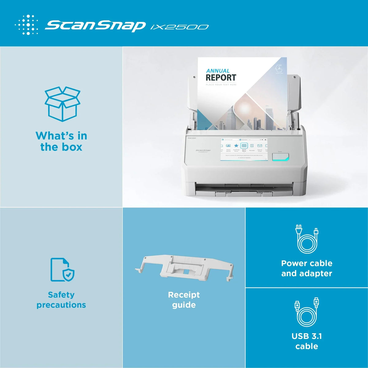 Escáner de documentos A4 iX2500 600 ppp WLAN Bluetooth USB dúplex 45 páginas/min ADF de 100 hojas pantalla táctil de 5 pulgadas