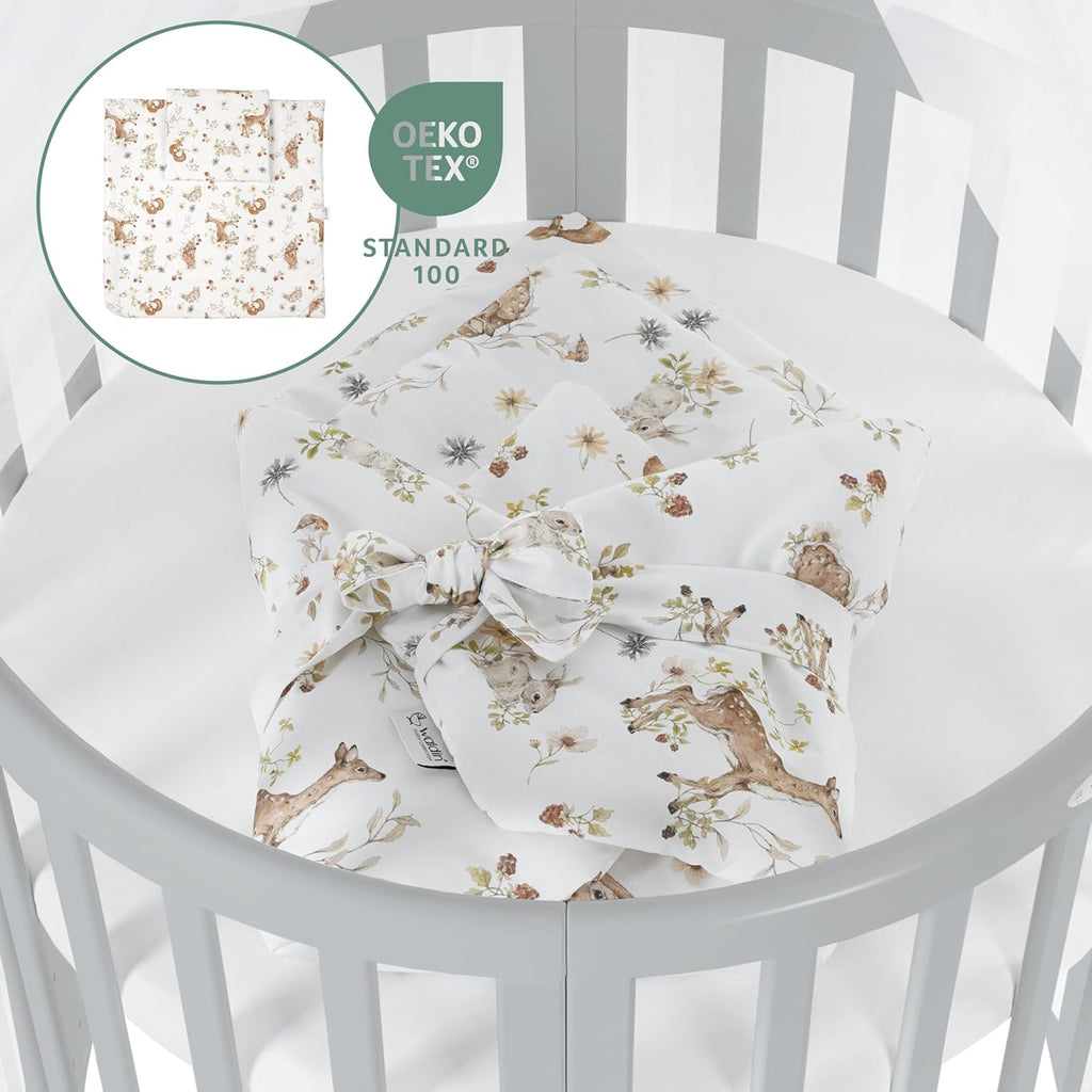 Cuna ovalada evolutiva Waldin, set completo 7 en 1, cuna de barrotes, cama infantil con colchón, cambiador, cuna colecho, madera blanca