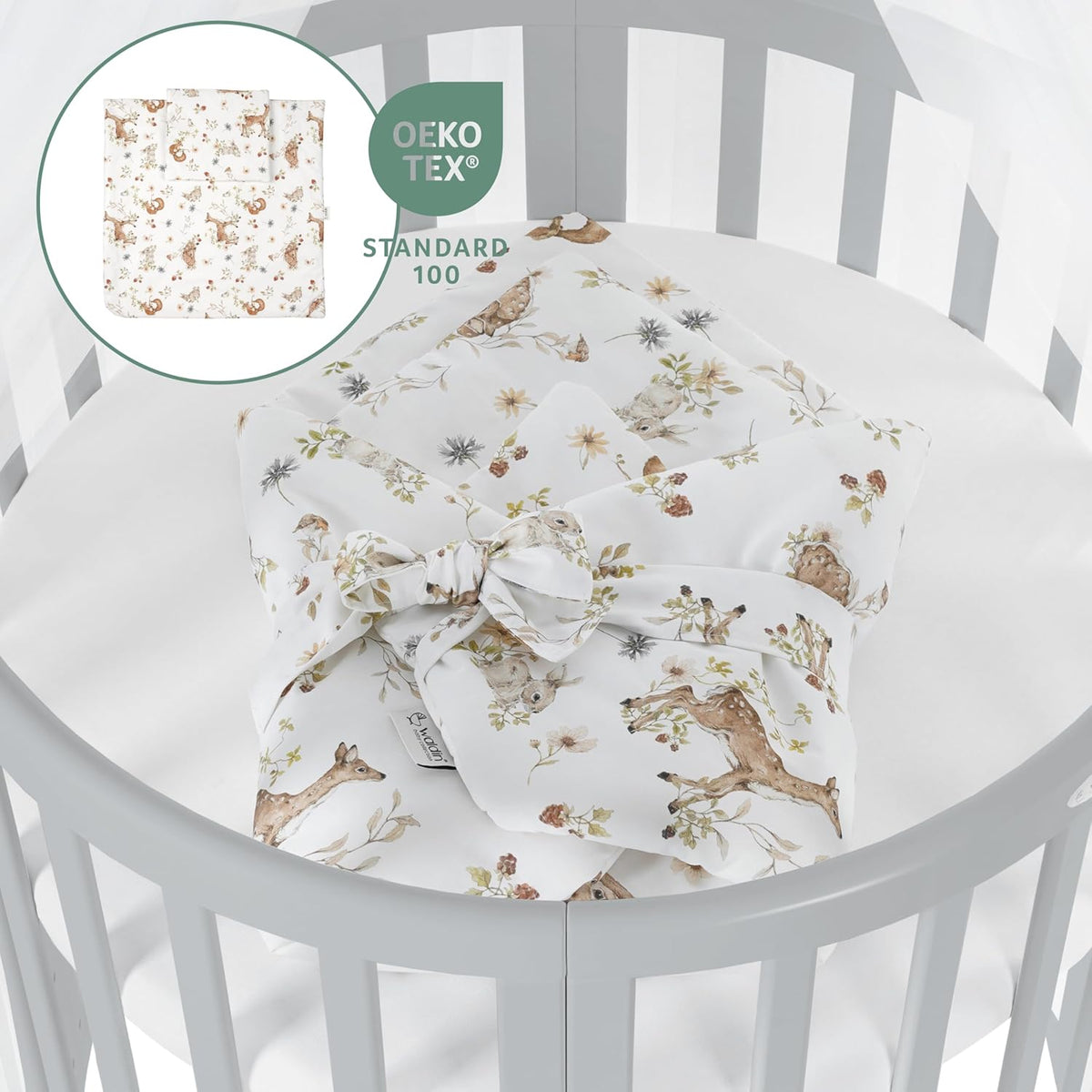 Cuna ovalada evolutiva Waldin, set completo 7 en 1, cuna de barrotes, cama infantil con colchón, cambiador, cuna colecho, madera blanca