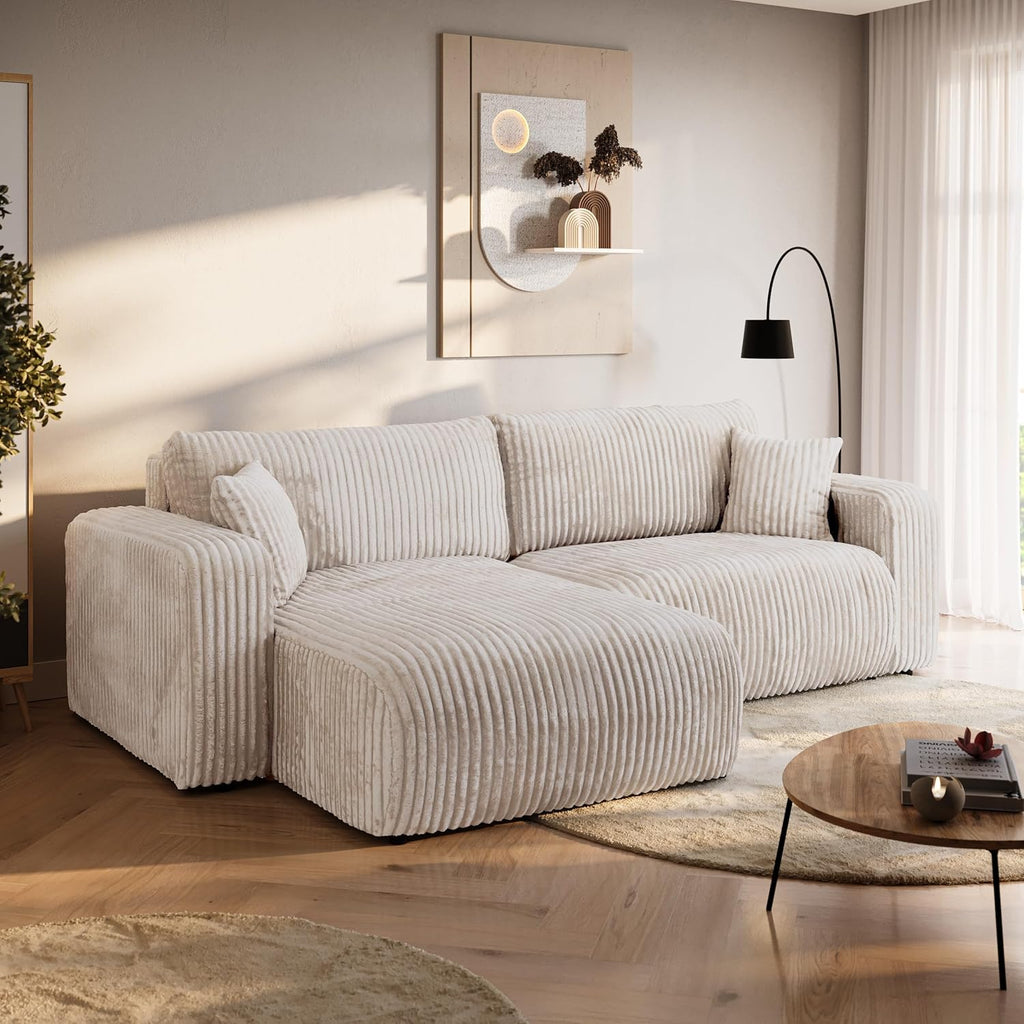BROMARKT Sofá esquinero con función cama color crema, sofá en forma de L de tela de pana con arcón, sofá cama para salón con espacio de almacenamiento, sofá esquinero de 3 plazas, conjunto de salón 244x148x82 cm TILIO
