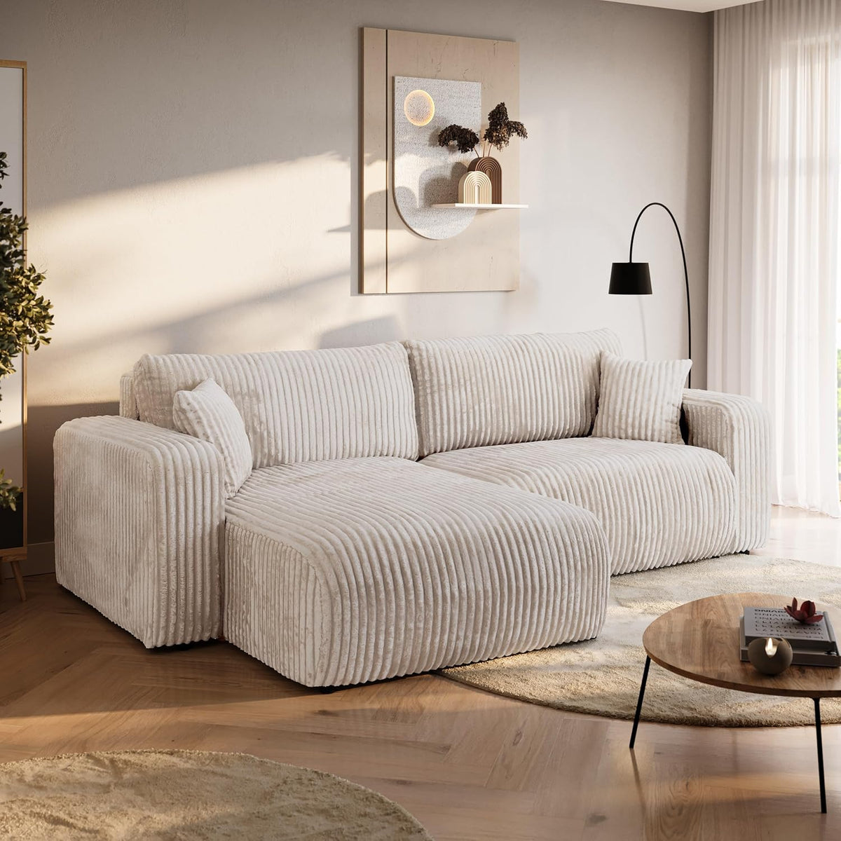BROMARKT Sofá esquinero con función cama color crema, sofá en forma de L de tela de pana con arcón, sofá cama para salón con espacio de almacenamiento, sofá esquinero de 3 plazas, conjunto de salón 244x148x82 cm TILIO