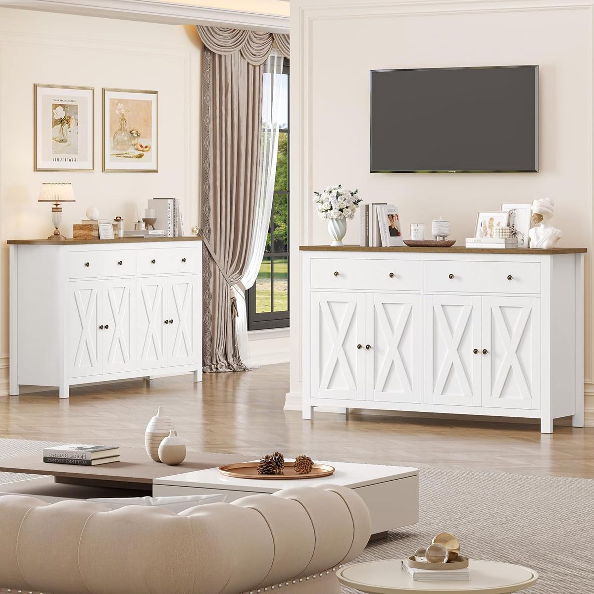 Aparador FirFurd de 140 cm de ancho, armario de cocina con encimera, alacena con 2 cajones y 4 puertas, mueble buffet de cocina con estante ajustable, aparador para cocina, salón y comedor, blanco, 140x89x40 cm
