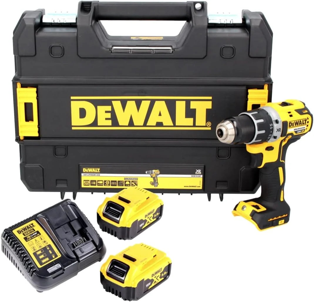 DEWALT, Wiertarko-wkrętarka 18V XR z silnikiem bezszczotkowym + 2x akumulatory 5.0 Ah, DCD791P2