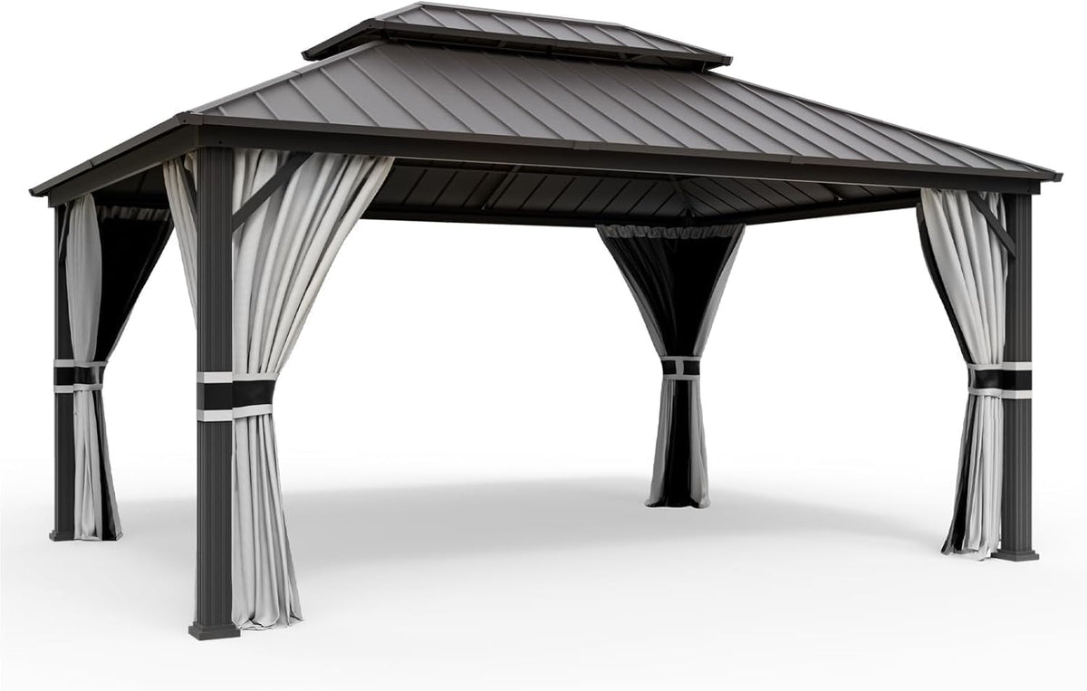 Amopatio 3,65 x 4,85 m Cenador de jardín impermeable, estable y resistente al invierno, cenador de techo rígido, cenador de aluminio con doble techo de acero galvanizado con mosquitera y cortinas para jardín, terraza, césped, gris