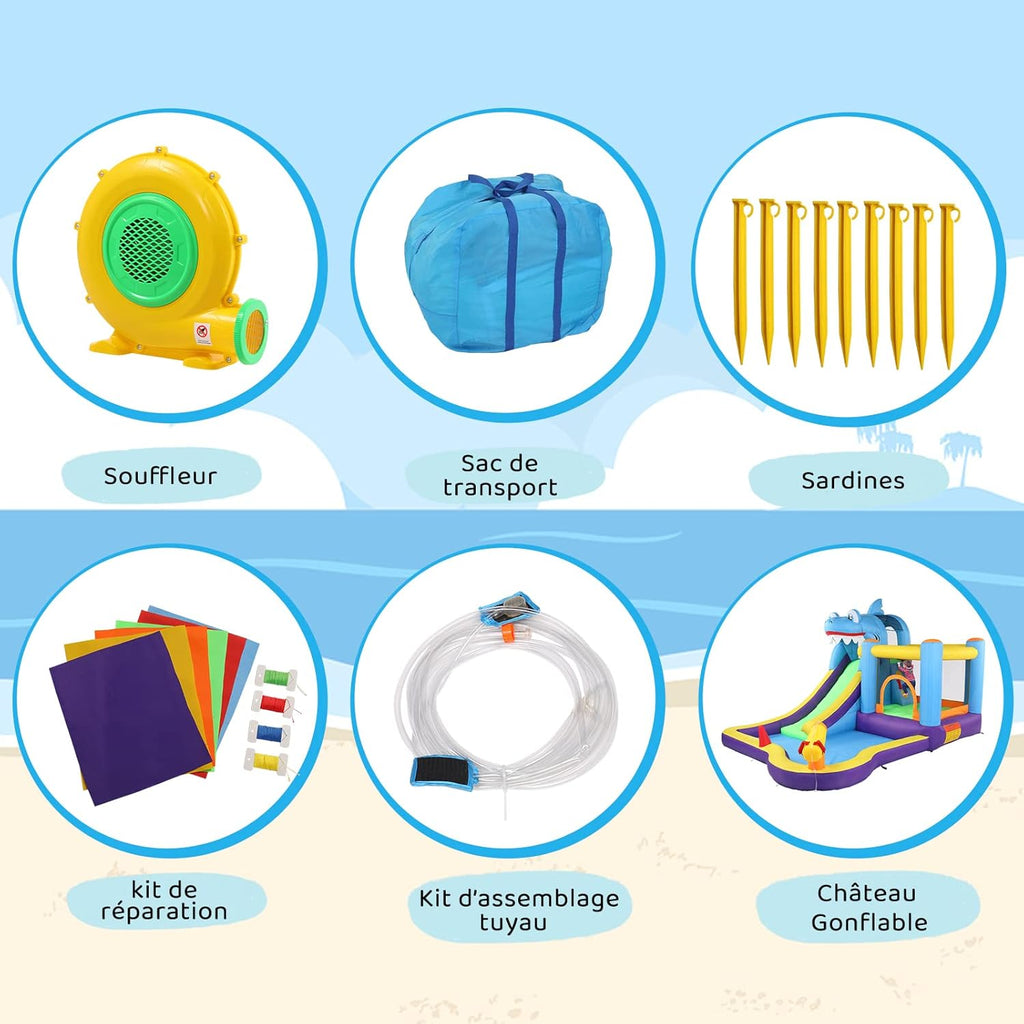 LEADZM Castillo hinchable con soplador, parque acuático inflable con temática de tiburón, con trampolín, tobogán, piscina, pistola de agua, adecuado para 3 niños de 3 a 10 años, 380x260x240 cm