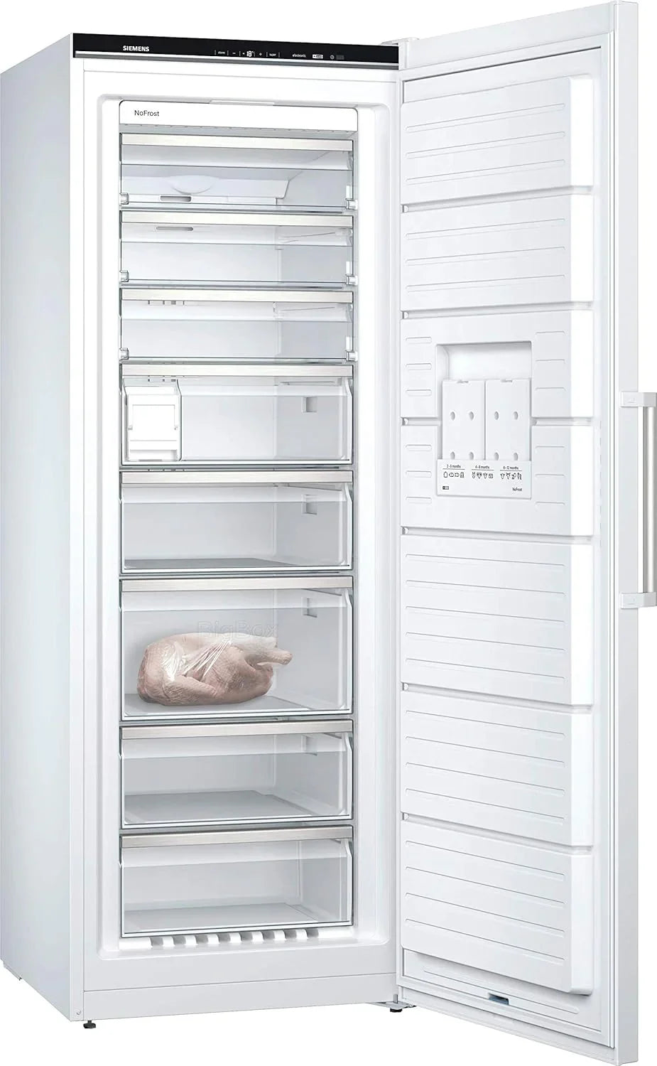 Congelador Siemens GS54NAWCV iQ500, 176 x 70 cm, 327 L, noFrost nunca más volver a descongelar, bigBox espacio para alimentos congelados grandes, varioZone estantes y cajones de cristal flexibles, Blanco