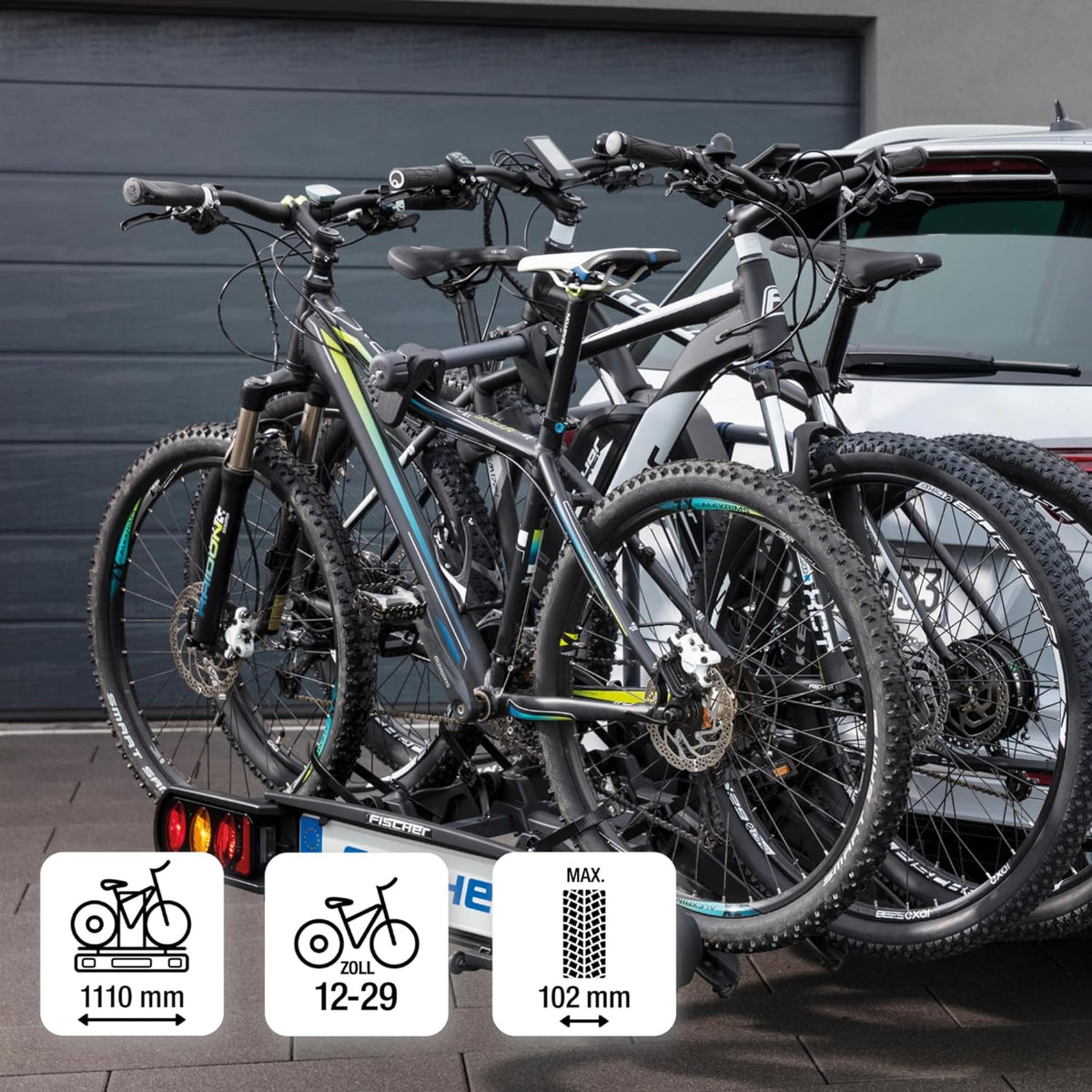 Portabicicletas de enganche FISCHER ProlineEvo 3 I Portabicicletas para bola de remolque I Portabicicletas para coche I Portabicicletas para bicicletas eléctricas