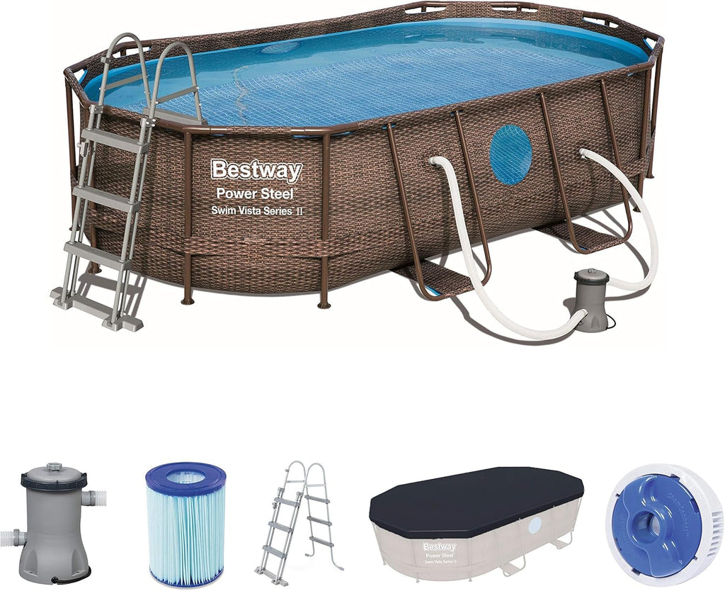 BESTWAY - Piscina Desmontable Tubular Power Steel 427x250x100 cm Depuradora de Cartucho 2.006 l/h Escalera y Cobertor Diseño Ratán